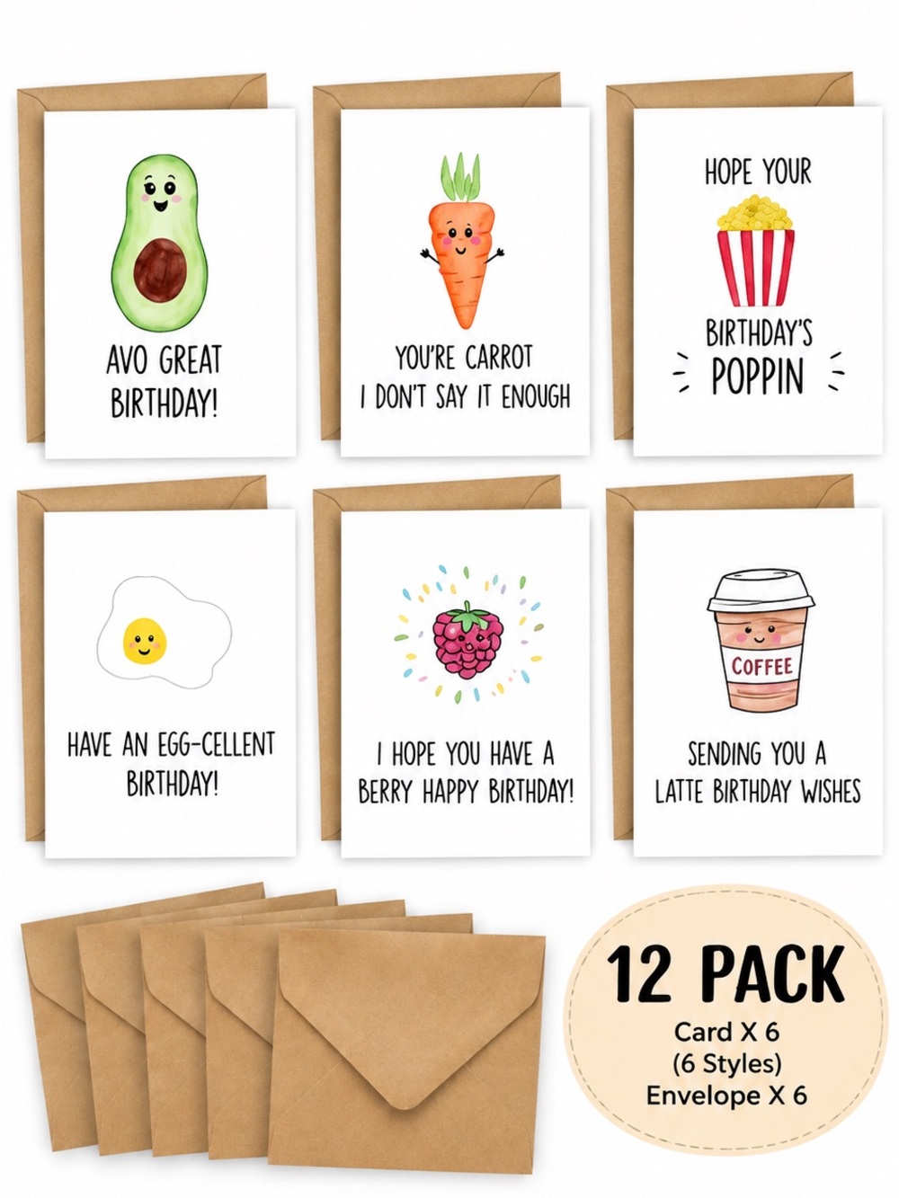 6 Pack Funny Food Pun Birthday Cards with Envelopes NEW